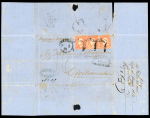 1859 5 Gr. Plate I and Plate II, vermilion (vermiglio), three-stamp mixed-plate franking on cover from Messina