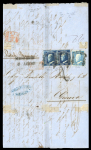 1859 10 Gr., deep blue (azzurro cupo), horizontal pair together with a 2 Gr., on entire dated 8 August to Genoa, the left-hand 10 Gr. showing position 61 retouch (line above the “B” of “Bollo”). Endorsed "Postale Frances