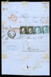 1859 20 Gr., two singles of black-slate (nero ardesia), together with two singles 2 Gr., on cover dated 20 February from Messina to Genoa. Endorsed "Postale Francese" and struck with the red three-line maritime handstamp