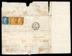 1859 ½ Gr. Plate II pair and single, together with a 2 Gr., on part entire dated 14 April from Palermo to Realbuto. The left side of the entire is missing and has been used to reinforce the reverse. Fine appearance and a