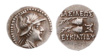 Bactria, Eukratides I, c. 170-145 BC, AR obol, 0.69