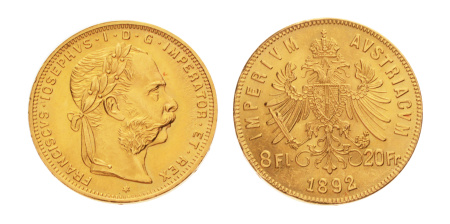 Austria, 1892, AV 8 Florins / 20 Francs, 6.46 g. restrike.