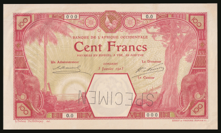 French West Africa, 1903-1924, Banque de L’Afrique 100Fr, Specimen.