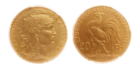 1899, 20 Francs 1909, AU 20 Francs (21 mm), Proof "Flan Mat". Highest graded.