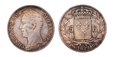1829, Charles X, 1824-1830. 5 Francs, AR. PCGS MS 65.