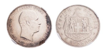 GREECE, Cretan State. Prince Georgios of Greece, 1898-1906. 5 Drachmai 1901, AR (37 mm).