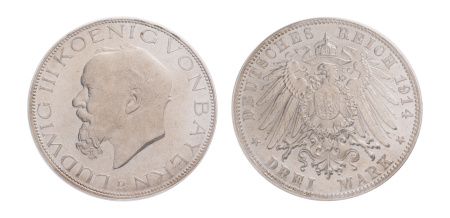 1914, Ludwig III, 1913-1918, 3 Mark. Obverse: Ludwig III. PCGS MS 64.