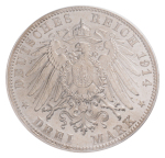 1914, Ludwig III, 1913-1918, 3 Mark. Obverse: Ludwig III. PCGS MS 64.