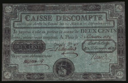 Caisse d’Escompte, 200 livres, 3 September 1789. Numbered K 613https://www.kajacques.fr/les-assignats/caisse-d-escompte/