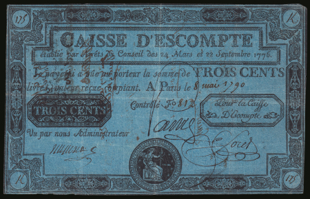 Caisse d’Escompte, 300 livres, 8 May 1790. Numbered K 175